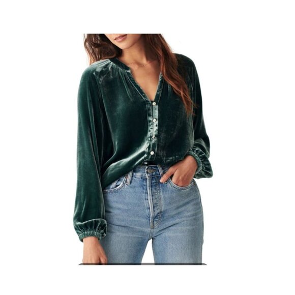 Faherty NWT Stretch Silk Velvet Naomi Top Green Moss Size XS Button Down - Picture 1 of 8